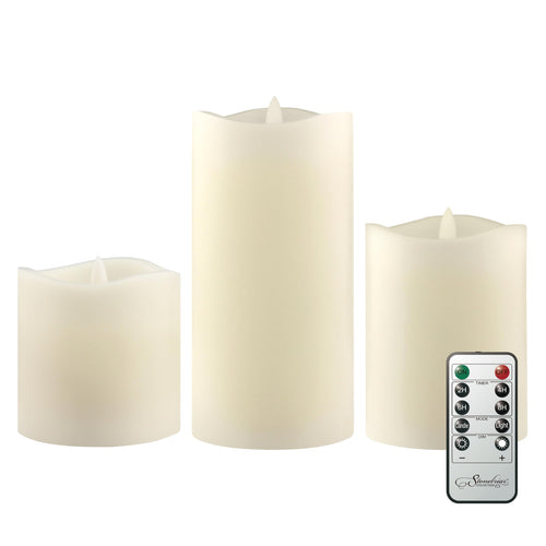 Stonebriar 3-pack ivory real-wax flameless LED pillar candles, assorted sizes, with remote and timer