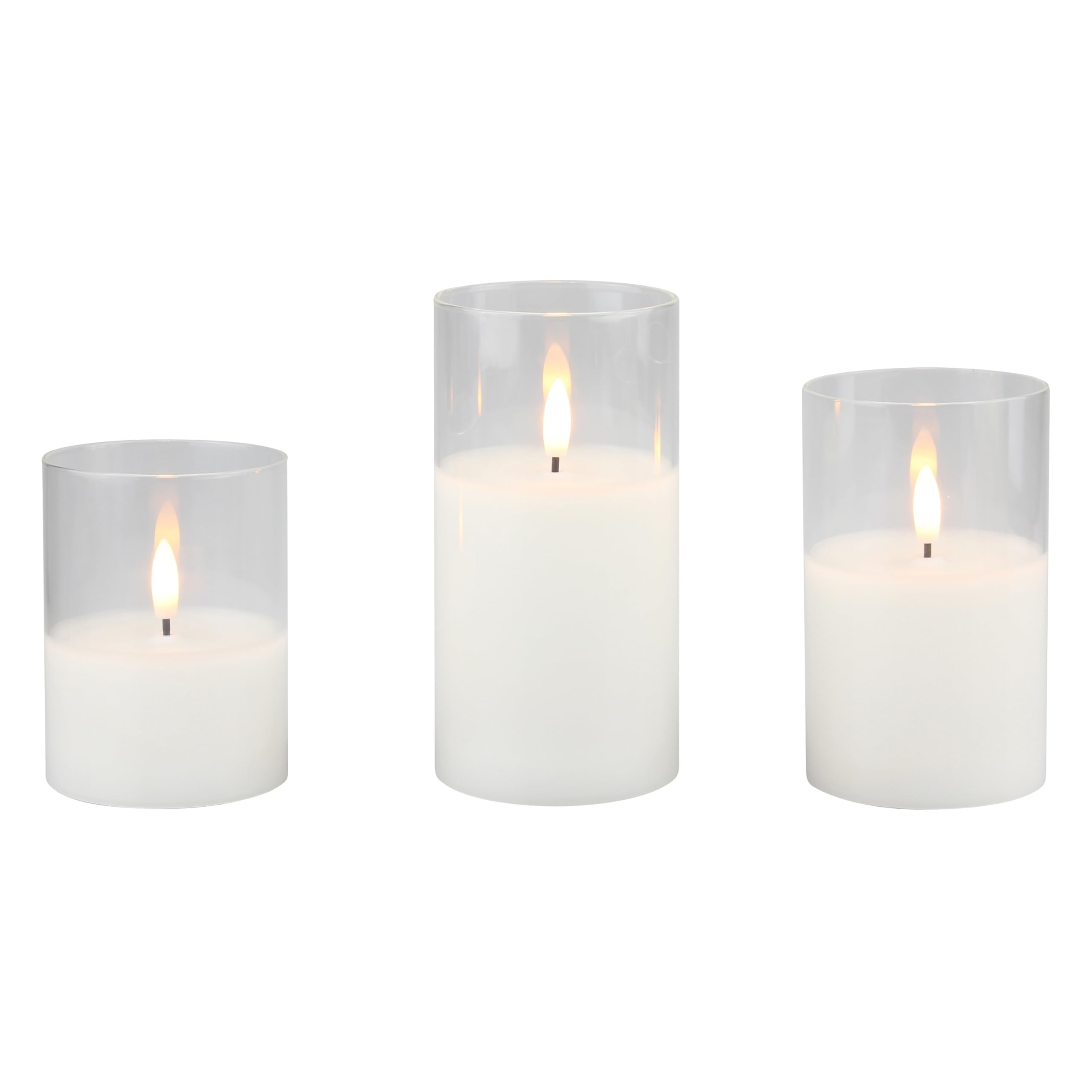 Stonebriar 3-pack real-wax flameless LED pillar candles in clear glass hurricanes, with remote and timer