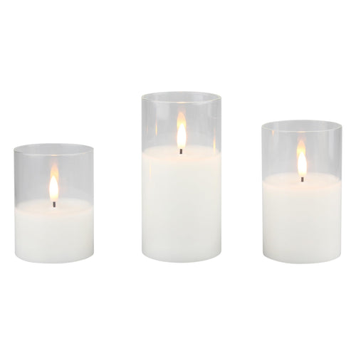 Stonebriar 3-pack real-wax flameless LED pillar candles in clear glass hurricanes, with remote and timer