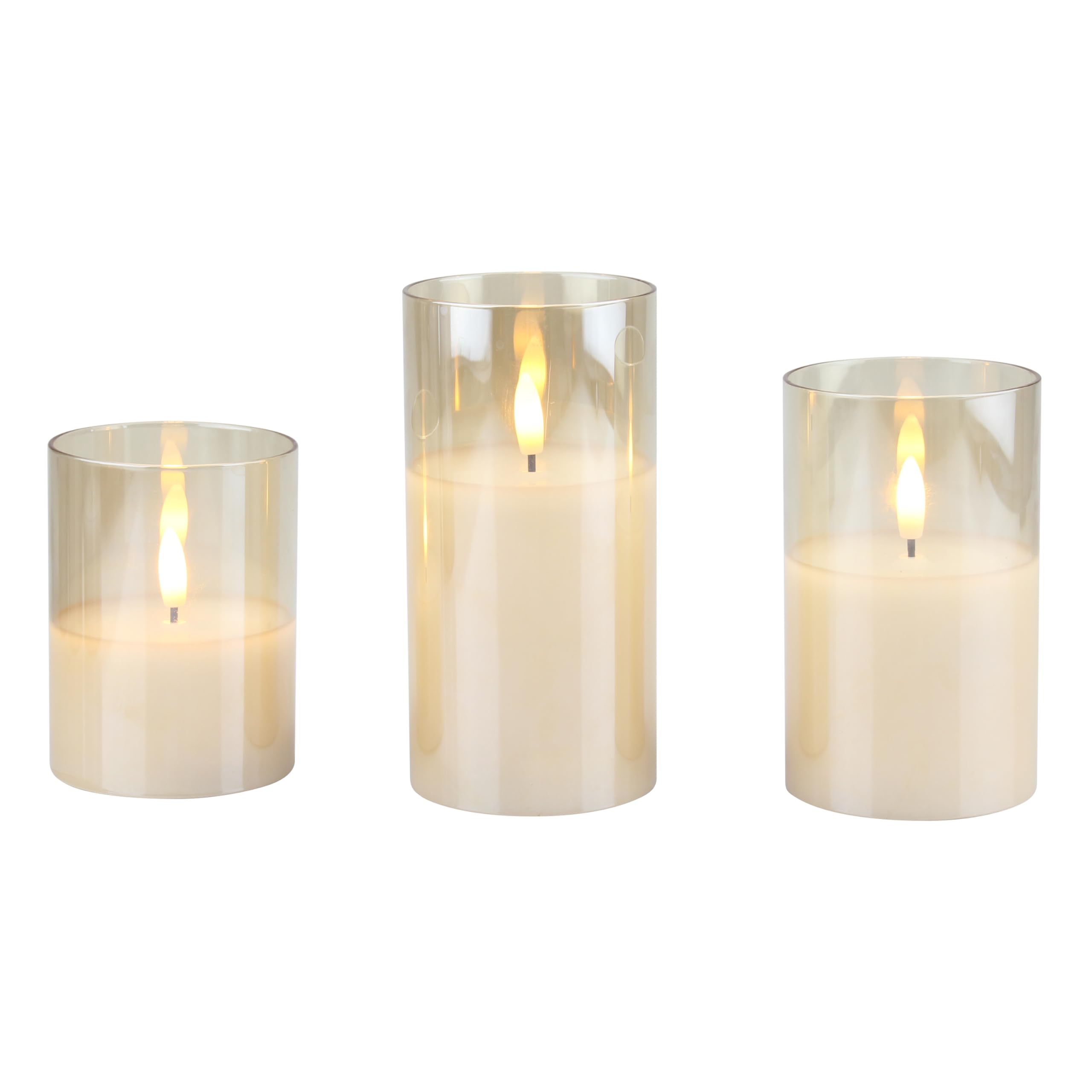 Stonebriar 3-pack real-wax flameless LED pillar candles in gold glass hurricanes, with remote and timer
