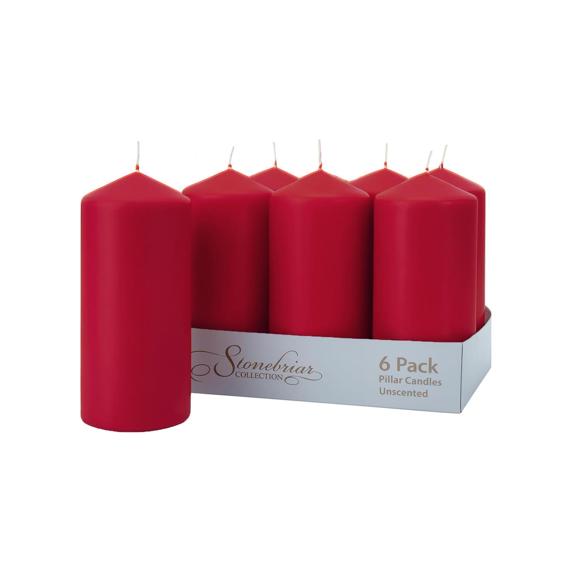 Stonebriar 6-pack red unscented pillar candles, 3 by 8 inch