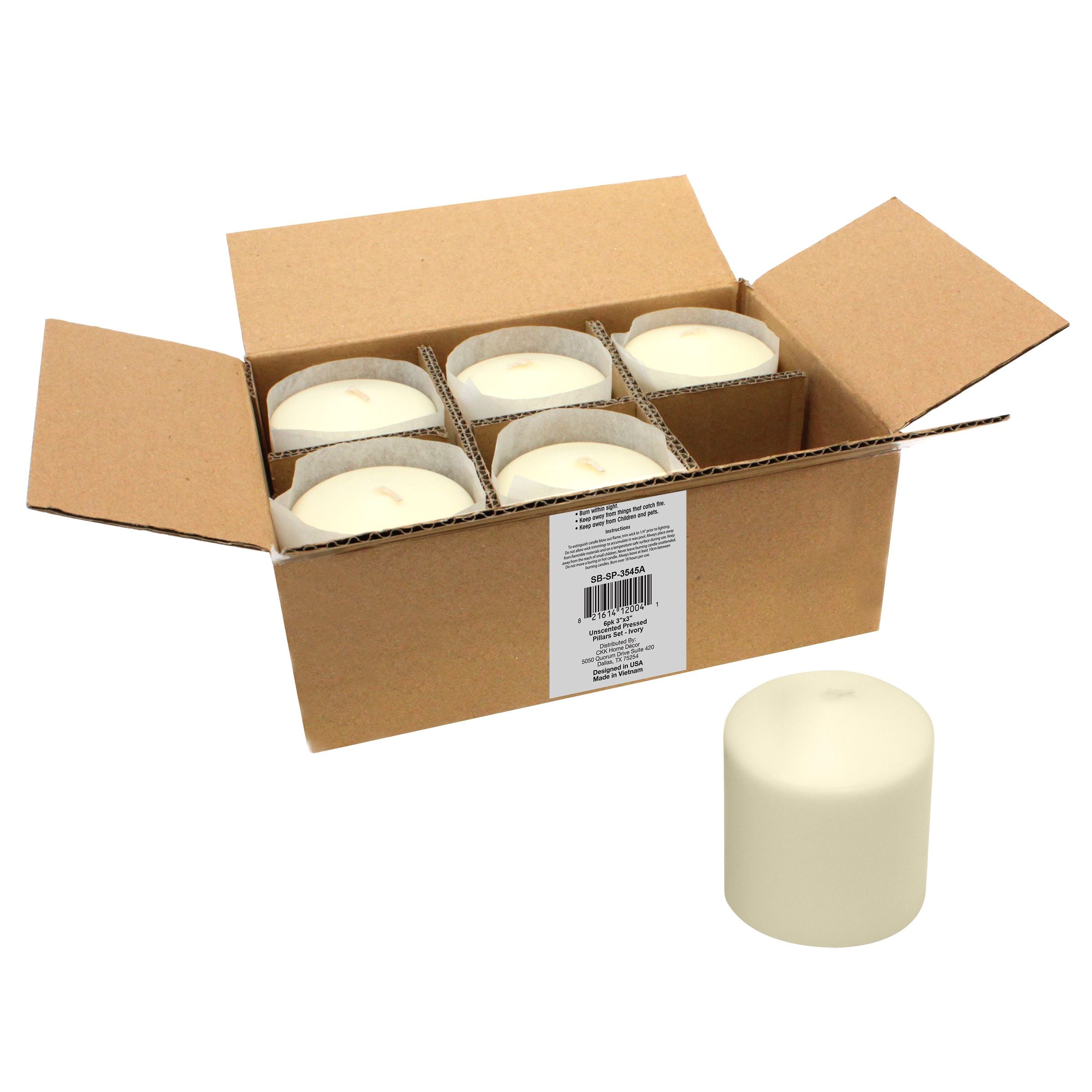 3 x 3 Unscented Ivory Pillar Candles, Set of 6