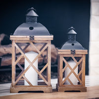 Rustic Wood & Glass Hurricane Candle Lantern Set