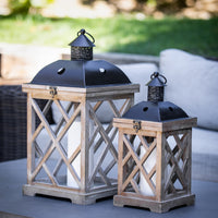 Rustic Wood & Glass Hurricane Candle Lantern Set