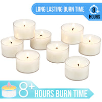 Unscented Long Burning Clear Cup Tealight Candles, 8 Hour Extended Burn Time, White (Bulk 48 Pack)
