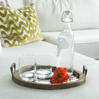 Rustic Butler Serving Tray - Metal Handles & Distressed Mirror (Brown Wood)