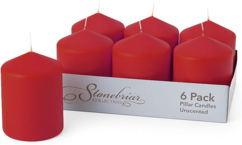 Stonebriar Unscented Pillar Candles – 35 Hour Burn Time, Long-Lasting Wax Candles for Weddings, Holidays, Home Décor & Special Events, Pack of 6, Red, 3" x 4" (WS)