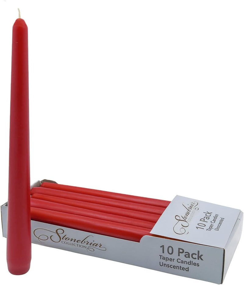 Stonebriar Unscented Taper Candles – 7 Hour Burn Time, Long-Lasting Wax Candles for Weddings, Holidays, Home Décor & Special Events, Pack of 10, Red, 10" (WS)
