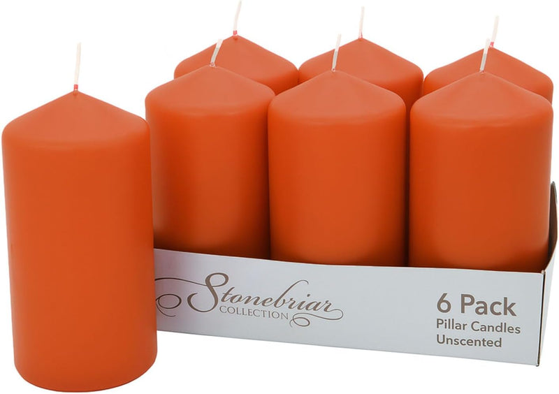 Stonebriar Unscented Pillar Candles – 65 Hour Burn Time, Long-Lasting Wax Candles for Weddings, Holidays, Home Décor & Special Events, Pack of 6, Orange, 3" x 6" (WS)