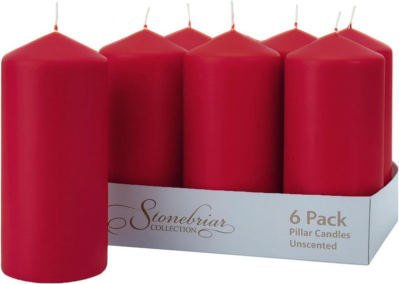 Stonebriar Unscented Pillar Candles – 80 Hour Burn Time, Long-Lasting Wax Candles for Weddings, Holidays, Home Décor & Special Events, Pack of 6, Red, 3" x 8" (WS)