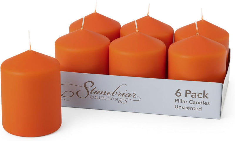 Stonebriar Unscented Pillar Candles – 35 Hour Burn Time, Long-Lasting Wax Candles for Weddings, Holidays, Home Décor & Special Events, Pack of 6, Orange, 3" x 4" (WS)