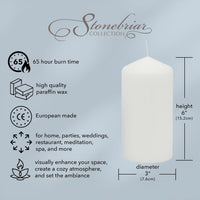 Stonebriar 3 Pack Tall 3 x 6 Inch 65 Hour Long Burning Unscented White Wax Pillar Candles (WS)