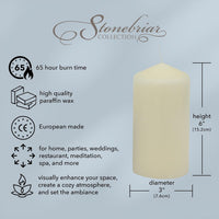 Stonebriar Unscented Pillar Candles – 65 Hour Burn Time, Long-Lasting Wax Candles for Weddings, Holidays, Home Décor & Special Events, Pack of 3, Ivory, 3" x 6"