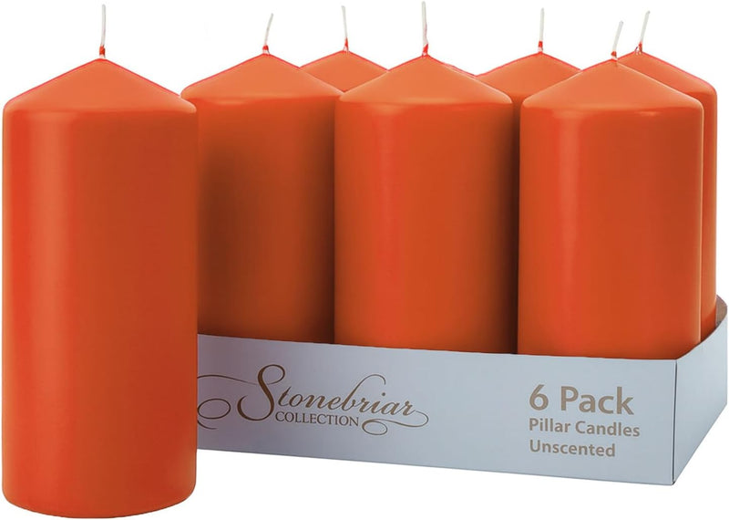Stonebriar Unscented Pillar Candles – 80 Hour Burn Time, Long-Lasting Wax Candles for Weddings, Holidays, Home Décor & Special Events, Pack of 6, Orange, 3" x 8" (WS)