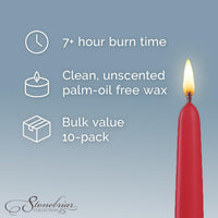 Stonebriar Unscented Taper Candles – 7 Hour Burn Time, Long-Lasting Wax Candles for Weddings, Holidays, Home Décor & Special Events, Pack of 10, Red, 10" (WS)