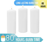 Stonebriar 3 Pack Tall 3 x 8 Inch 80 Hour Long Burning Unscented White Wax Pillar Candles