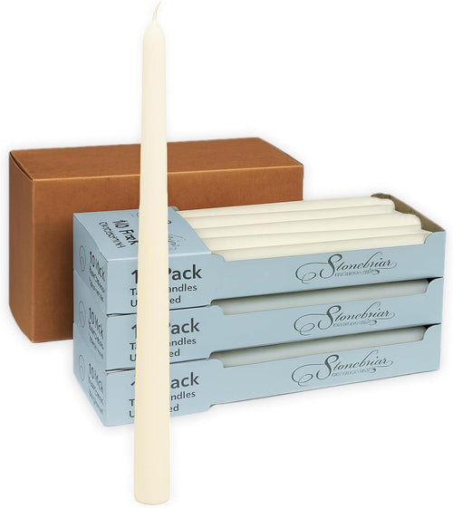 Stonebriar Unscented Taper Candles — 7 Hour Burn Time, Candle Stick Candles for Weddings, Holidays, Home Décor & Special Events, Pack of 30, Ivory, 10"