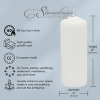 Stonebriar 3 Pack Tall 3 x 8 Inch 80 Hour Long Burning Unscented White Wax Pillar Candles (WS)