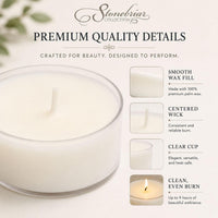 Premium quality details: clear cup, centered wick, clean burn