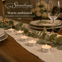 Aluminum-cup tealights along a table runner: warm ambiance for dinners, events and everyday spaces