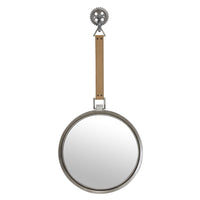 Stonebriar Round Rustic Metal Mirror with Brown Leather Hanging Strap