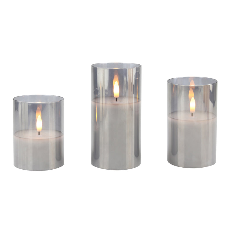 Stonebriar 3 Pack Real Wax Assorted Size Flameless LED Pillar Candles in Silver Glass Hurricane Candle Holder with Remote and Timer