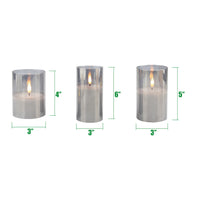 Stonebriar 3 Pack Real Wax Assorted Size Flameless LED Pillar Candles in Silver Glass Hurricane Candle Holder with Remote and Timer (WS)