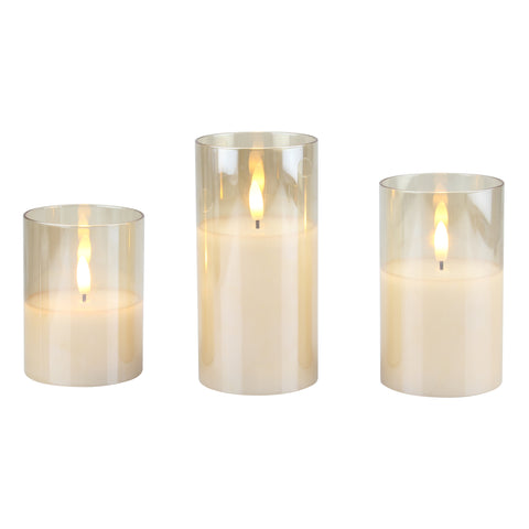 Stonebriar 3 Pack Real Wax Assorted Size Flameless LED Pillar Candles in Gold Glass Hurricane Candle Holder with Remote and Timer (WS)