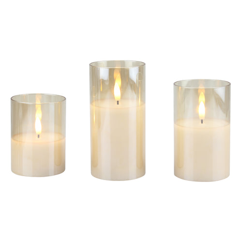 Stonebriar LED Pillar Candles in Gold Glass Hurricanes — Remote & Timer, Real Wax Flameless Candles for Home Décor & Special Occasions, Pack of 3, Assorted Sizes