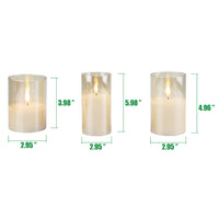 Stonebriar 3 Pack Real Wax Assorted Size Flameless LED Pillar Candles in Gold Glass Hurricane Candle Holder with Remote and Timer
