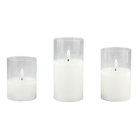 Stonebriar 3 Pack Real Wax Assorted Size Flameless LED Pillar Candles in Clear Glass Hurricane Candle Holder with Remote and Timer