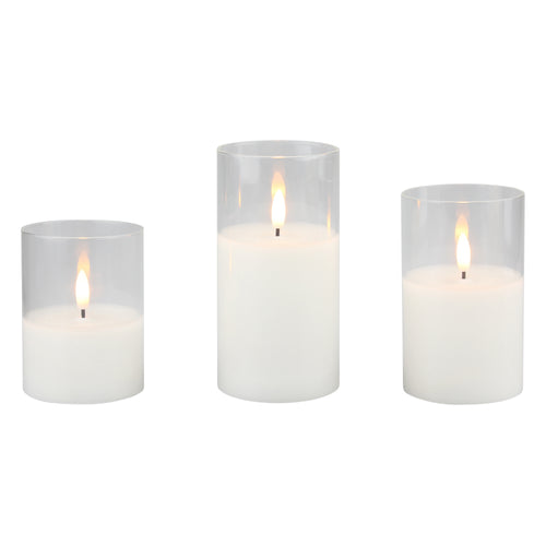 Stonebriar LED Pillar Candles in Glass Hurricanes — Remote & Timer, Real Wax Flameless Candles for Home Décor & Special Occasions, Pack of 3, Assorted Sizes