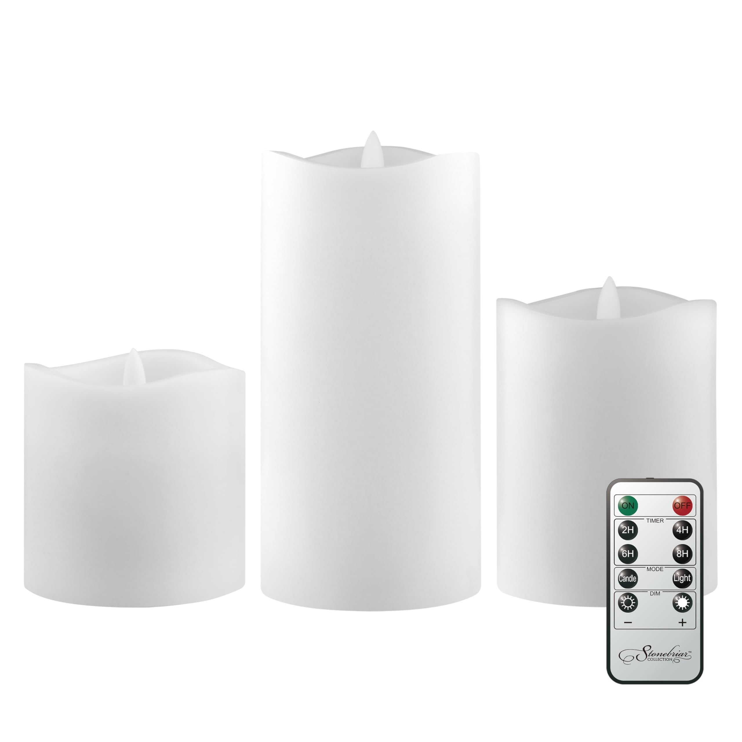 Stonebriar 3-pack white real-wax flameless LED pillar candles, assorted sizes, with remote and timer