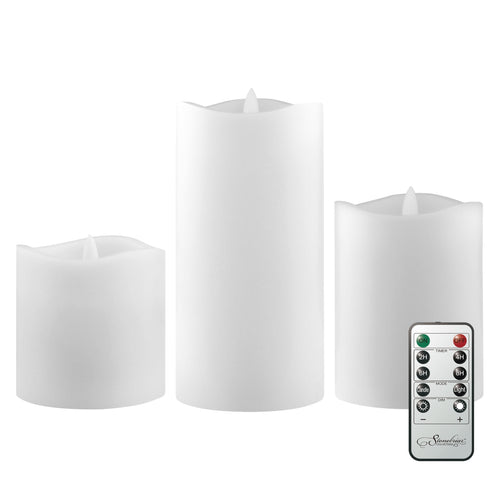 Stonebriar 3-pack white real-wax flameless LED pillar candles, assorted sizes, with remote and timer