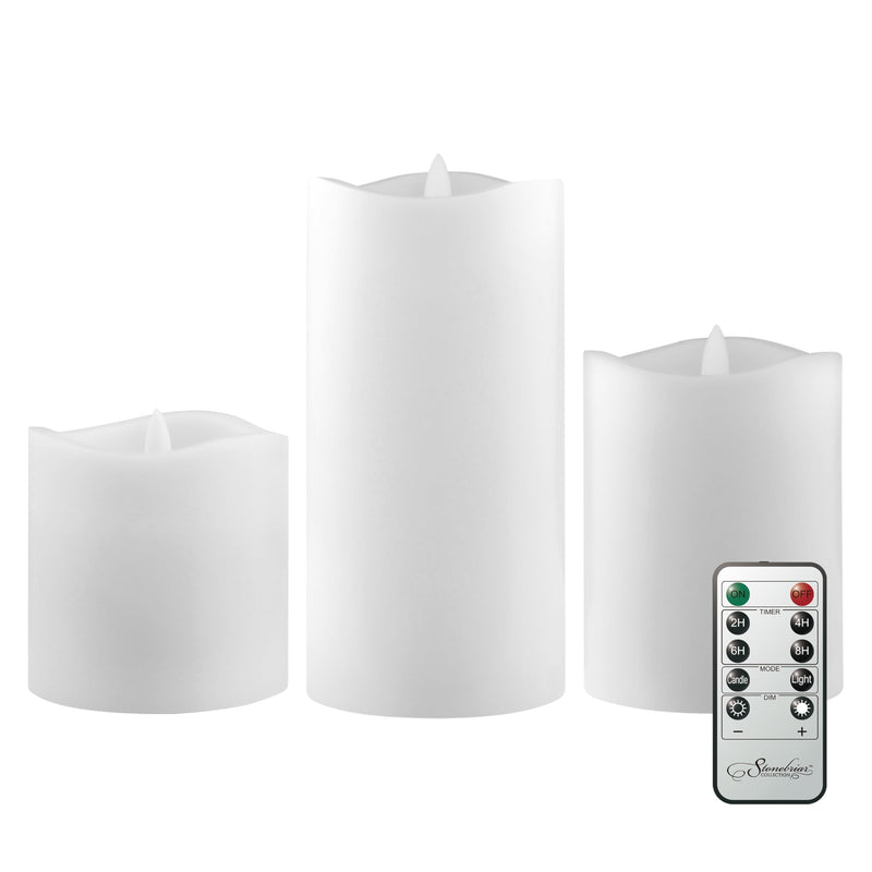 Stonebriar 3-pack white real-wax flameless LED pillar candles, assorted sizes, with remote and timer