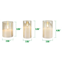 Stonebriar 3-pack real-wax flameless LED pillar candles in gold glass hurricanes, with remote and timer