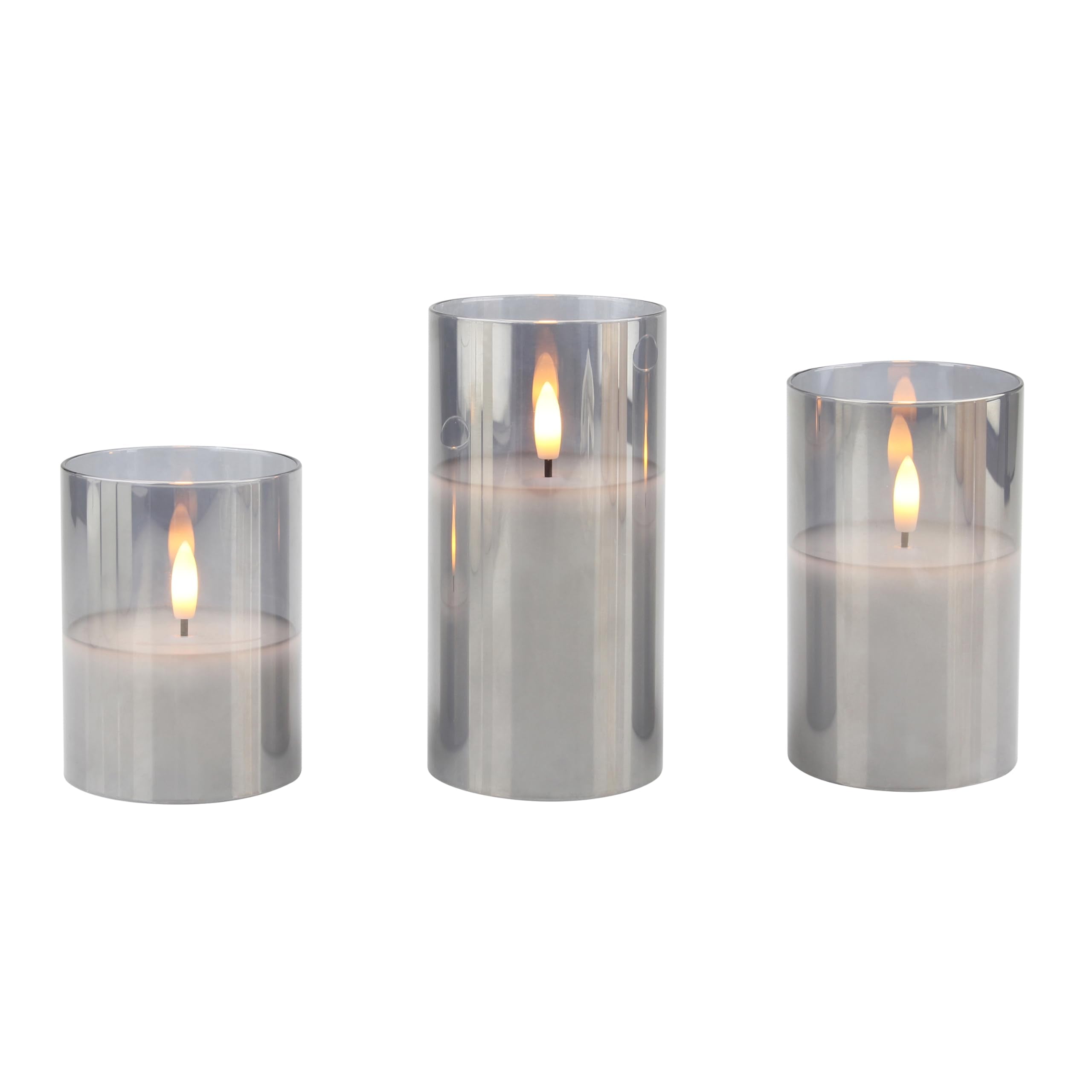 Stonebriar 3-pack real-wax flameless LED pillar candles in glass hurricanes, with remote and timer