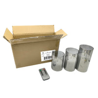 Stonebriar 3-pack real-wax flameless LED pillar candles in glass hurricanes, with remote and timer
