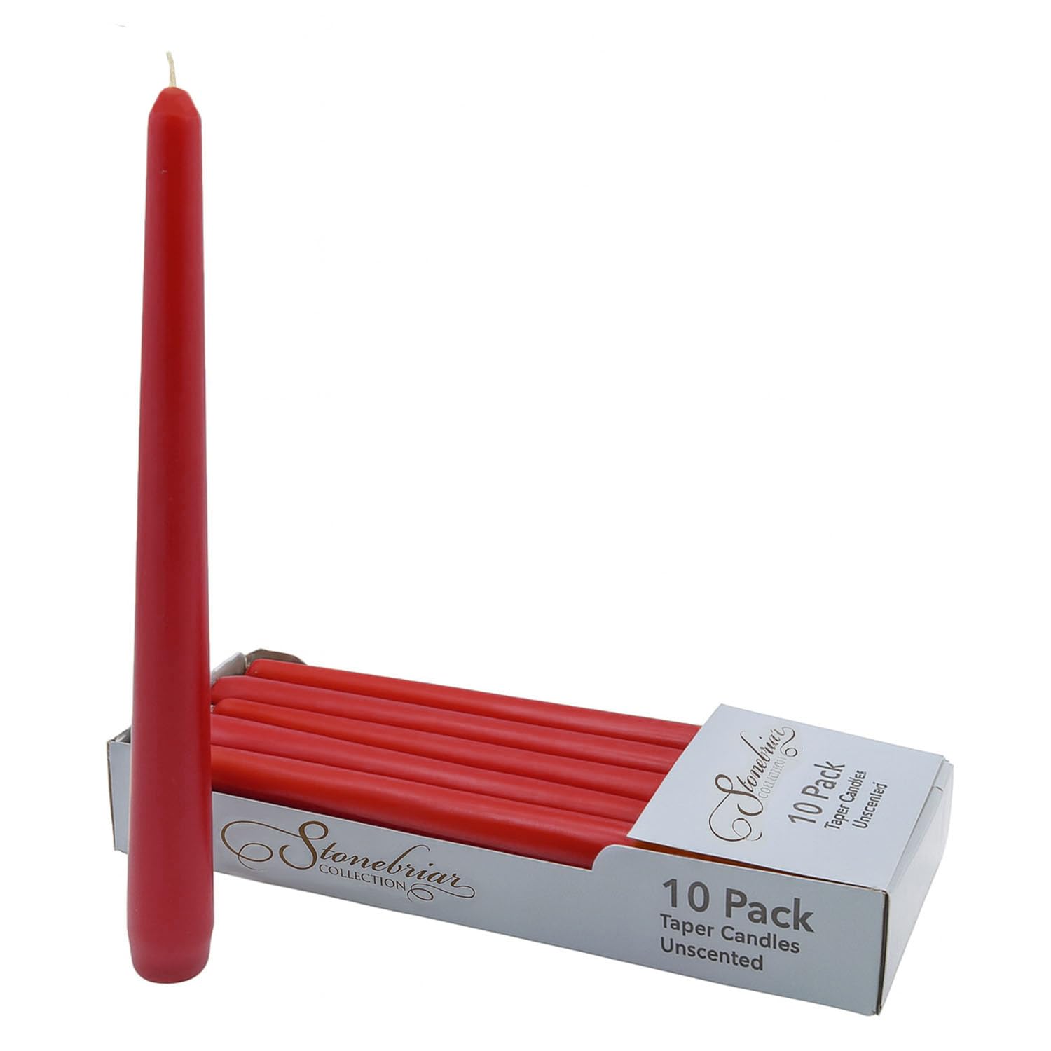 Stonebriar 10-pack red unscented taper candles, 10 inch, 7 hour burn time
