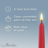 Stonebriar 10-pack red unscented taper candles, 10 inch, 7 hour burn time