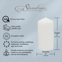 Stonebriar 3 Pack Tall 3 x 6 Inch 65 Hour Long Burning Unscented White Wax Pillar Candles