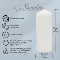 Stonebriar 3 Pack Tall 3 x 8 Inch 80 Hour Long Burning Unscented White Wax Pillar Candles