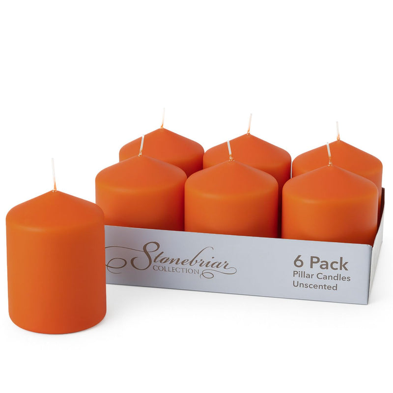 Stonebriar 6-pack orange unscented pillar candles, 3 by 4 inch, 35 hour burn time