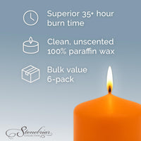 Stonebriar 6-pack orange unscented pillar candles, 3 by 4 inch, 35 hour burn time