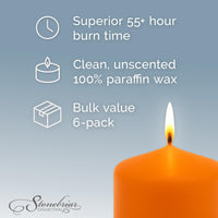 Stonebriar 6-pack orange unscented pillar candles, 3 by 6 inch, 65 hour burn time