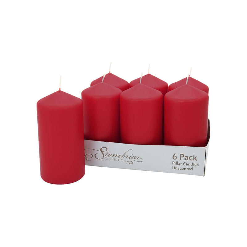 Stonebriar 6-pack red unscented pillar candles, 3 by 6 inch, 65 hour burn time