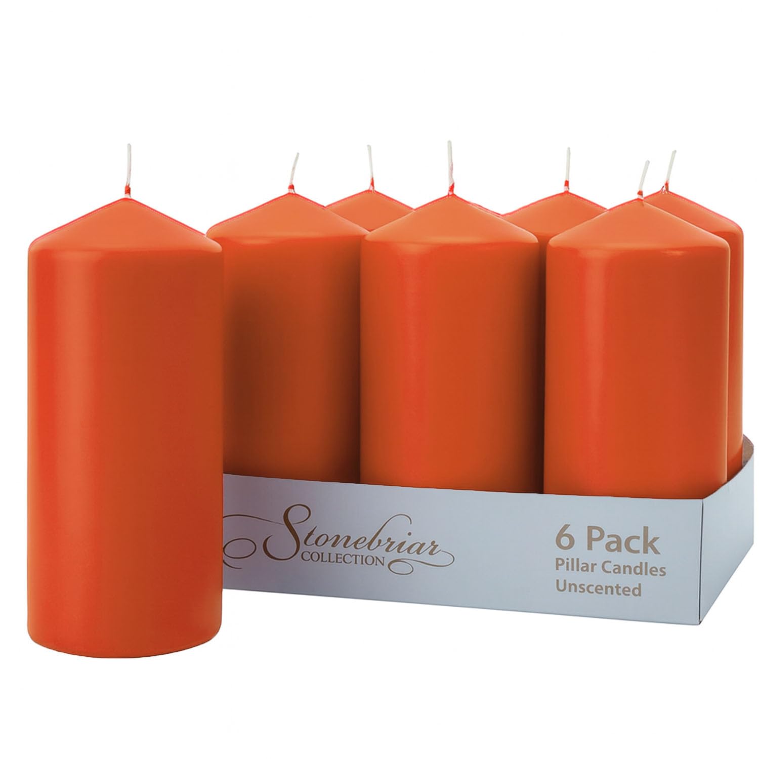 Stonebriar 6-pack orange unscented pillar candles, 3 by 8 inch