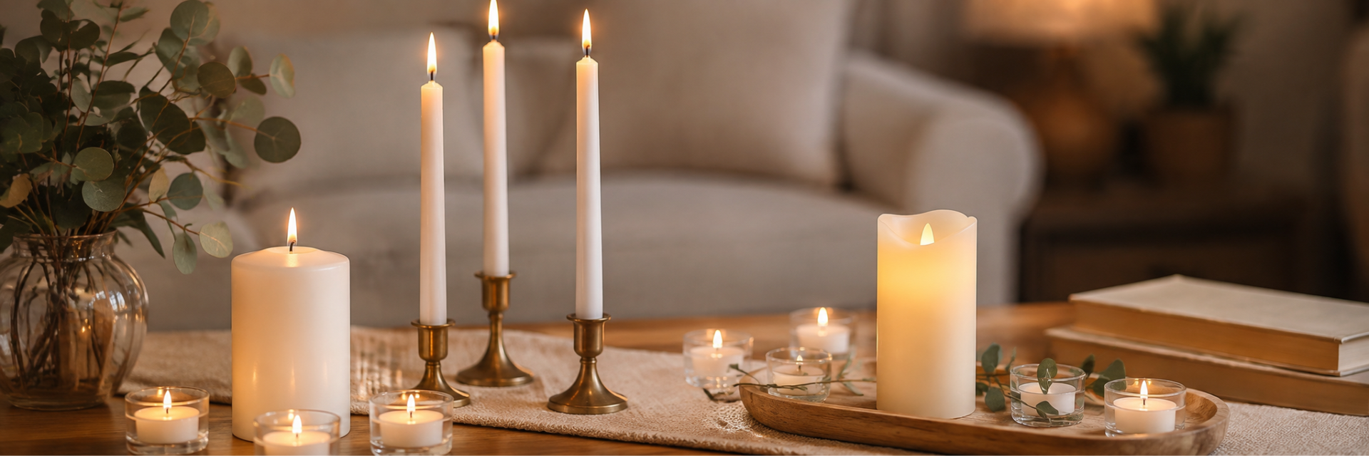 The full Stonebriar candle range — pillars, tapers, tealights, votives, and LED candles on a warm living room table