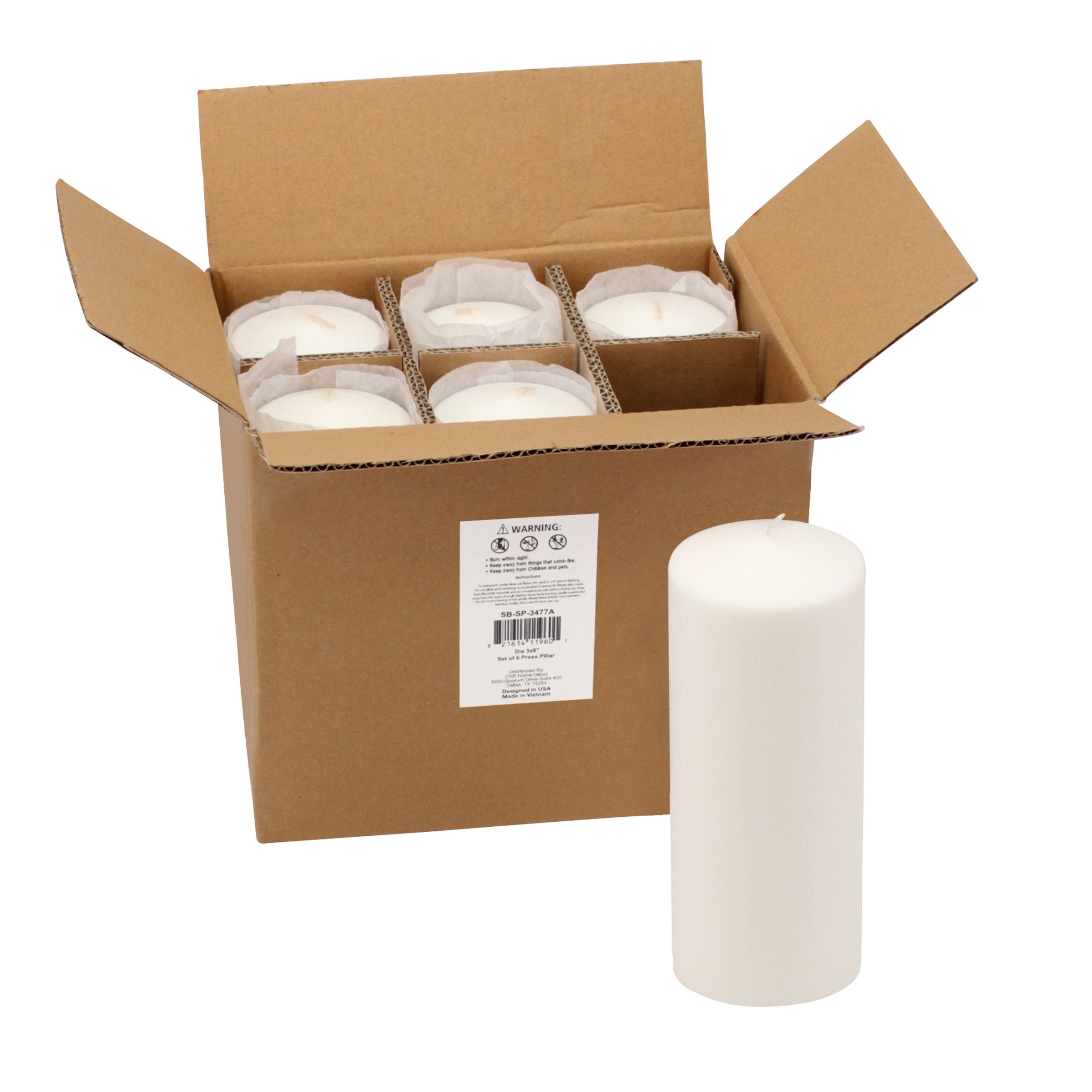 3x8 Unscented White Pillar Candles (Set of 6) (WS)