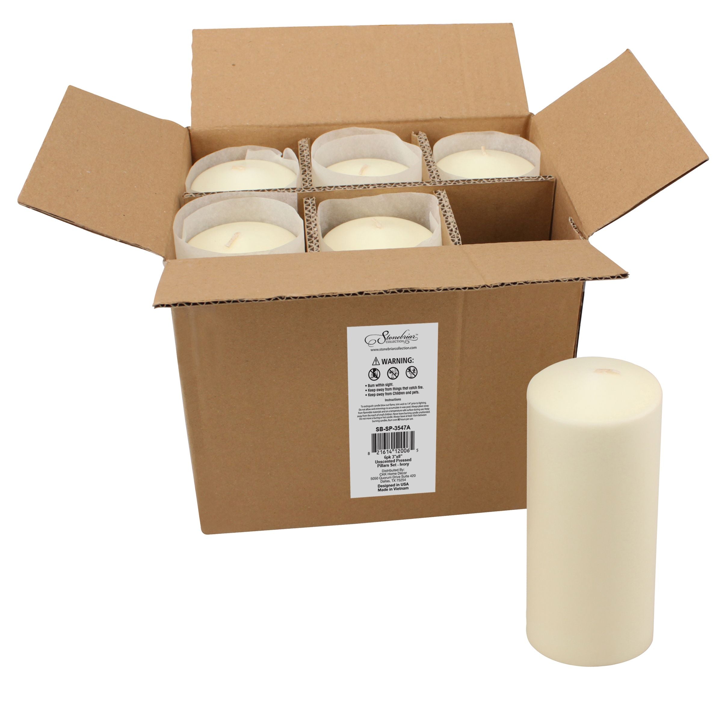 3 x 8 Unscented Ivory Pillar Candles, Set of 6 (WS)